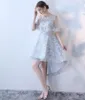 우아한 실버 하이 로우 졸업식 드레스 2020 숄 댄스 파티 드레스와 싼 아플리케 레이스 섹시 파티 가운 홈 커밍 드레스 커스텀 MA 2149