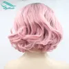 Bythairshop Hochtemperaturfaser, kurze Bob-Perücke, gewellt, dunkle Wurzeln bis hin zu Sakura-Rosa, synthetische Lace-Front-Perücken für Frauen, Mädchen, Lady, Cosplay