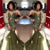 Południowoafrykański Przeglądaj Prom Dresses Green Color Mermaid Suknie Wieczorowe Illusion High Neck Długie Rękawy Sweep Pociąg Formalna Party Dress