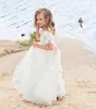 Schöne Spitzenprinzessin Blumenmädchenkleider für Hochzeit mit kurzen Ärmeln 3D Appliked Kleinkind Festzugskleider Tüll Kids Communion Kleid 407