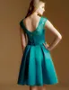 In Stock Elegant Real Picture Teal Green Lace and Satin Knee-Length Sheer Crew Cap Sleeve Formal Party Bridesmaid Dresses