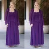 Plus size paarse moeder van de bruid jurken twee stukken chiffon jas spaghetti riemvloer lengte kralen bruiloft gasten jurk