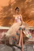 Sweetheart A Line Prom Dresses Lace Appliques Butterfly Dekorationer Formell Aftonklänning Tea Längd Baklösa Billiga Party Gowns