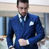 2018 Double boutonnage Royal blue stripe hommes costumes Costume élégant large revers à pointe Beau smoking Slim Fit blazer Veste 2 Pièces