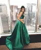 2018 Model 2 Piece Evening Dresses Double Spaghetti Straps Crop Top Emerald Green Satin Two Piece Prom Dress with Pockets