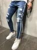 Mens Blue Denim rasgado Slim Fit lateral listrado jeans masculino skinny lápis calças casuais com zíperes frete grátis