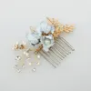 Charming Blue Flower Hair Comb Bridal Pins Pearls Handmade Wedding Jewelry Hair Vine Accessories Women Headpiece