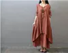 Kobiety Casual Solidna Suknia Spring Luźna Pełna Rękaw V Neck Button Sukienka Bawełniana Linna Boho Długa Maxi Sukienka Vestidos1