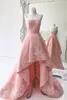 3D Embroidered Formal Prom Dresses High Low Pink Lace Strapless Open Back Evening Gowns Special Occasion Dress Women Long Party Dress