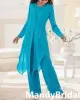 Elegante chiffon moeder van de bruid broek pakken blauw juweel nek ruches moederpakken met jas lange mouwen vrouwen formele jurken plus size