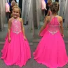 2019 Fuksja Little Girls Pagews Suknie Zroszony Kryształy Linii Halter Neck Kids Toddler Flower Prom Party Suknie na wesela BA7601