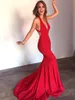 Elegant Straps Mermaid Red Long Formal Prom Dress with Court Train V Neck Backless Soft Satin 2022 Sexy Celebrity Party Evening Gowns