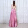 High-end Fashion Sexy V-neck Formal Evening Dresses Pink Elastic Silk Halter Handmade Beaded Long Party Dance Dresses HY070