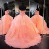 Mercan Quinceanera Elbiseler Sevgilim Masquerade Balo Gowns Crystal Boncuklu Korse Organze Zemin Uzunluğu Uzun Tatlı 16 Prom Gowns Dh404