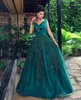 Emerald backless avondjurken v-hals geappliceerd prom-jurken vestidos de fiesta een lijnvloer lengte tule formele jurk