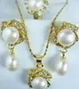 Beautiful white pearl earrings necklace ring set 17"