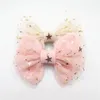 10pcs/lot Fairy Girl Hair Bow Clip Gold Copper Star Pendant Light Pink Glitter Star Tulle Bow Knot Barrette Sweet Hairpin