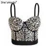 She'smoda Ręcznie robiony Zroszony Gaga Rhinestone Bustier Perły Push Up Night Club Bralette Women's Bra Cropped Top Kamizelka Plus Rozmiar