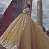 Champagne mangas compridas Wedding Dress Sequins Beads Lace Applique vestido de baile vestidos de noiva Moda Dubai Royal Princess vestido de casamento