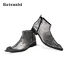 Japanese Style Handmade Men Boots Metal Pointed Toe Grey Leather Men Boots Ankle Party Wedding Botas Hombre zapatos de hombre