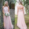 Mais novo blush rosa da dama de honra vestidos de uma linha lace top halter pescoço sem encosto maid of honor vestidos ocidental do país do casamento vestido de hóspedes