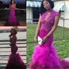 2K18 Mermaid Prom Dresses High Neck Koronki Aplikacje Cap Rękawy Suknie Wieczorowe Ruched Tulle Sweep Pociąg Sukienka Party Afryki
