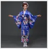 Blauwe Japanse Nationale Vrouwen Zijde Kimono Yukata met Obi Novelty Avondjurk CosplayHallowen Kostuum Floral One Size JK068