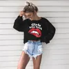 Camisetas de lana de manga larga para mujer, jersey con estampado de labios rojos y mordida en la espalda, estilo callejero, sudaderas con cuello redondo, Tops cortos informales sueltos para otoño