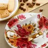 Juego de 3 tazas de té y café de porcelana china con cuchara, 200 ml/6,8 oz, rosa amarilla y roja