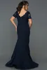 Dark Navy Mermaid Mother Of The Bride Dresses Scoop Neck With Short Sleeves Lace Wedding Guest Dress Floor Length Satin Evening Gowns