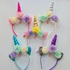 2018 Glitter Metallic Unicorn Headband Girls Szyfon Kwiaty Hairband Dla Dzieci Liść Kwiat Unicorn Horn Party Akcesoria do włosów GA215