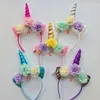 2018 Glitter Metallic Unicorn Headband Girls Chiffon Flowers Hairband For Kids leaf flower Unicorn Horn Party Hair Accessories GA215