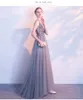 Grandes tailles nouvelle mode gris robes de soirée longue élégante élégante Tulle col en v licou fête salle de bal robes de soirée HY061