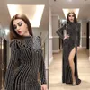 Sexy zwarte zeemeermin avondjurken met dij spleet hoge hals lange mouw prom jurk Saoedi-Arabische Dubai plus size party jurken Custom