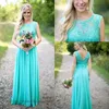 Turquoise Bridesmaids Dresses Sheer Jewel Neck Lace Top Chiffon Long Country Bridesmaid Maid of Honor Wedding Guest Dresses BA1513