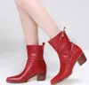 حذاء أحمر 2018 أزياء النساء أزياء الأحذية مصارع مربع كعب الجوارب الكاحل جلد النساء بوتا نمط الرجعية الأحذية حزب