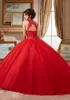 Sheer tripulação pescoço doce 16 masquerad vermelho frisado quinceanera vestidos de renda apliques vestidos de baile tule debutante ragazza vestido