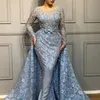 고급스러운 사우디 아라비아 이브닝 드레스 긴 소매 Appliques Beading Mermaid Prom Dress Dress 탈착식 오버 킷 2018 놀라운 저녁 가운