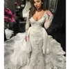 Sexy Fashion Mermaid Wedding Dress With Tiered Overskirt Deep V-Neck Long Sleeves Lace Applique Bridal Dress Glamorous Saudi Wedding Gown