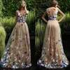 Cheap Butterfly And Flower Evening Dresses Sheer Neck Sleeveless Long Prom Gowns Back Covered Buttons Arabic Formal Party Dress Custom Made