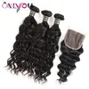 Cabelo humano malaio tecer fechamento onda de água pacotes de cabelo com fechamento cor preta molhado e ondulado extensões de cabelo onda natural fact9563318