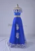 2018 A-Line Evening Dresses with Off Shoulder Sleeveless Floor Length Rhinestones Appliques Kaften Bling Royal Blue Belt Arabic Prom Gowns