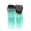 Brazilian Ombre Light Green Human Hair Weave Bundles with 4x4 Lace Closure Straight 1B/Green Ombre Virgin Hair 3 Bundle Deals with Closure