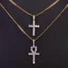 Collana con croce Ankh con zirconi ghiacciati Set materiale in oro argento rame Bling CZ Chiave per la vita Collana con croce egiziana Gioielli hip-hop