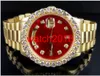 Высококачественные роскошные часы 18K Mens Yellow Gold DayDate 36MM Red Dial Bigger Diamond Watch 5.5CT Автоматические механические мужские часы New