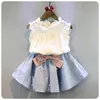 2-8 lat ubrania dla dzieci dla dziewcząt kokardka i koronki top letni garnitur koreański styl odzież dziecięca Zestawy berbecia berbecia