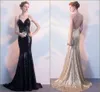 Black Noble Sexy Sequined Deep V-neck Evening Dresses New Fishtail Long Strap Halter Free Shipping Backless Prom Party Dresses HY062