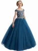 2024 New Hot Bury Red Teal Princess Pageant Scoop Crystal Beads Tulle Puffy Kids Party Birthday Gowns Flower Girls Dresses 403