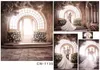 Innen-Fotohintergrund, Hochzeit, Bokeh-Blüten, weiße Blumen, bedruckte Backsteinmauer, gewölbtes Fenster, Holztür, Fotografie-Hintergründe