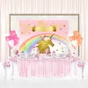 Feliz aniversario unicórnio ouro fotografia pano de fundo rosa impresso flores estrelas arco-íris bebê menina crianças aquarela festa foto cabine fundo